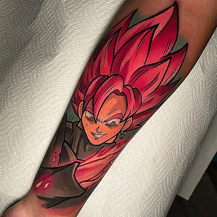 Goku con el cabello rosa encendido en el antebrazo